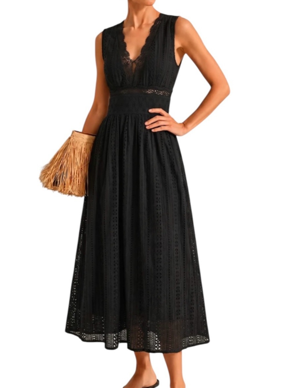 Commense Black Eyelet Lace Trim Cotton Midi Dress Small NWT